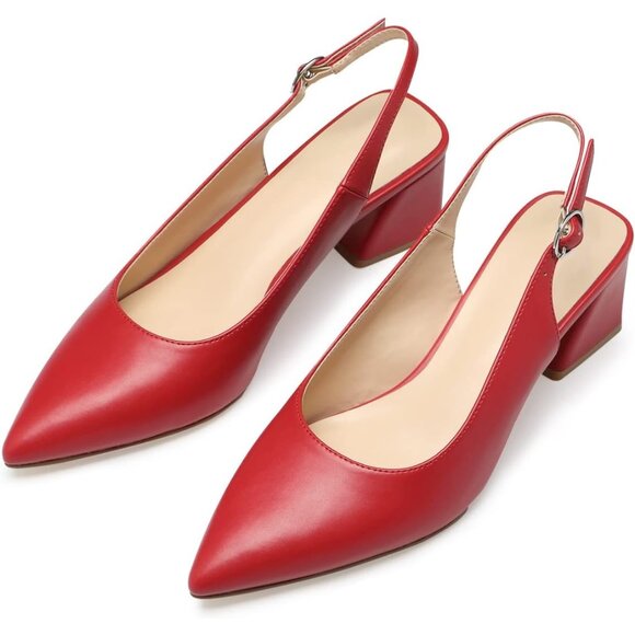 Women Slingback Red Toe Block Heel Pumps Low Heel Office Wedding Dress Shoes - Picture 2 of 5